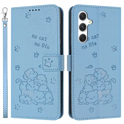 For Samsung Galaxy A37 5G Wallet Case Cats Imprint Leather Phone Cover with Strap - Blue