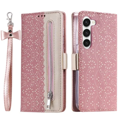 For Samsung Galaxy S23 PU Leather Shockproof Case Zipper Wallet Phone Case Lace Flower Pattern Phone Stand Cover with Bowknot Wrist Strap - Rose Gold
