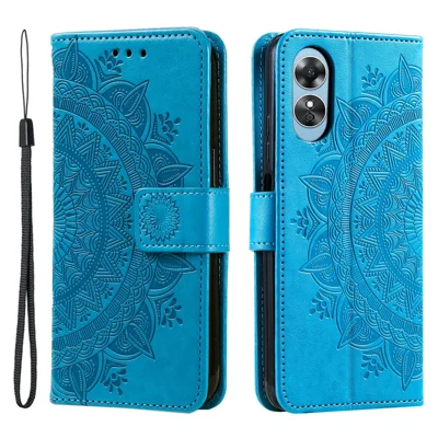 Étui en cuir PU avec motif de fleur mandala pour Oppo A17 4G / A17k 4G, housse de protection rabattable avec support et fermoir magnétique - Bleu