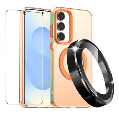 ENKAY HAT PRINCE Magnetic Case For Samsung Galaxy S25  /  S24 PC Clear Phone Cover with 0.18mm High Aluminium-silicon Glass Film + Aluminium Alloy Camera Lens Protector - Orange