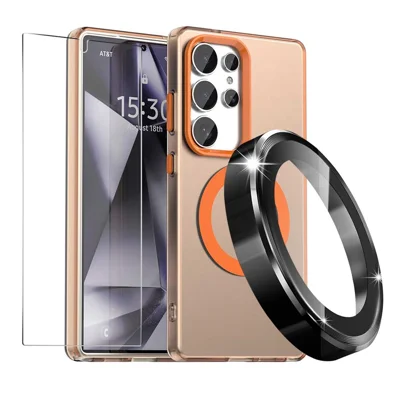ENKAY HAT PRINCE For Samsung Galaxy S25 Ultra Magnetic Case PC Clear Phone Cover with 0.18mm High Aluminium-silicon Glass Film + Aluminium Alloy Camera Lens Protector - Orange