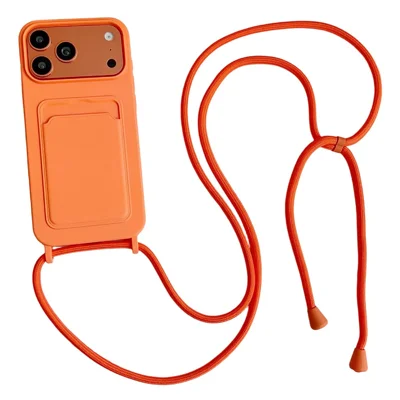 Coque pour iPhone 17 Pro en silicone liquide avec emplacement pour carte, protection anti-rayures avec sangle - Orange
