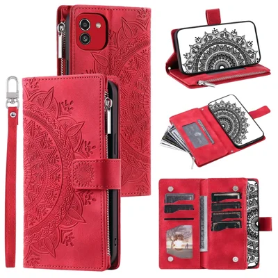 For Samsung Galaxy A03 (166.5mm) Case Mandala Flower Imprint PU Leather Case Multi Card Slot Cover with Strap - Red