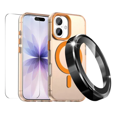 ENKAY HAT PRINCE For iPhone 16 Plus Case with 9H Tempered Glass PC Magnetic Phone Cover + Aluminium Alloy Camera Lens Protector Compatible with MagSafe - Orange