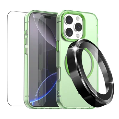 ENKAY HAT PRINCE For iPhone 16 Pro Max Case with 9H Tempered Glass PC Magnetic Phone Cover + Aluminium Alloy Camera Lens Protector Compatible with MagSafe - Green