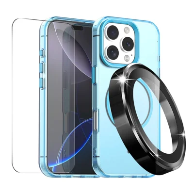ENKAY HAT PRINCE Coque pour iPhone 15 Pro Max avec Verre Trempé 9H et Coque Magnétique PC + Protecteur d'Objectif en Alliage d'Aluminium Compatible avec MagSafe - Bleu