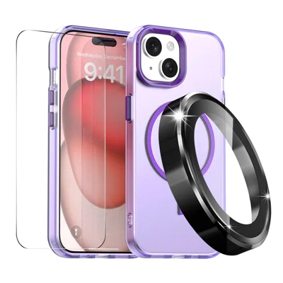 ENKAY HAT PRINCE For iPhone 14 Case with 9H Tempered Glass PC Magnetic Phone Cover + Aluminium Alloy Camera Lens Protector Compatible with MagSafe - Purple