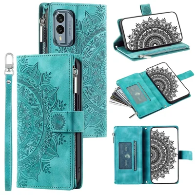 For Nokia X30 5G Mandala Flower Imprinted PU Leather Case Magnetic Clasp Multi Card Slot Protective Cover with Zippered Wallet and Wrist Strap - Green