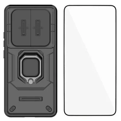 Funda WANLONFENG Serie ZDX para Xiaomi Redmi Note 15 Pro 5G (Global) Funda trasera de PC TPU con soporte integrado y tapa para lente + cristal templado - Negro