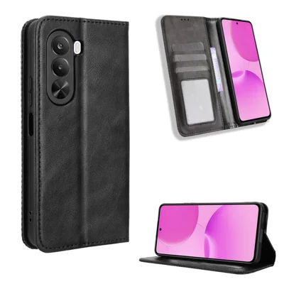 Voor Realme P4x 5G Leren Hoesje Portemonnee Stand Retro Structuur Telefoonhoes - Zwart
