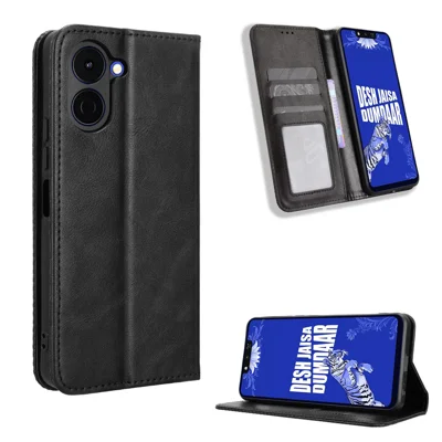 For TECNO Spark Go 3 Leather Case Wallet Stand Retro Texture Phone Cover - Black