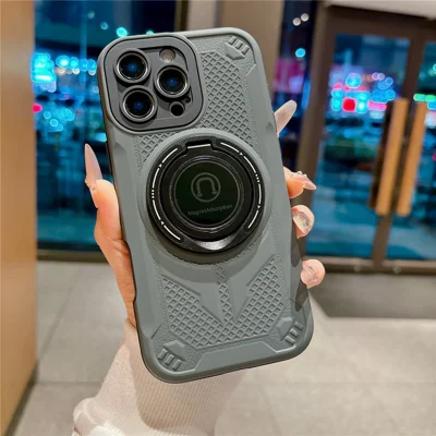 For iPhone 16 Pro Max Magnetic Case 360° Rotating Kickstand PC + TPU Shockproof Phone Back Cover - Grey