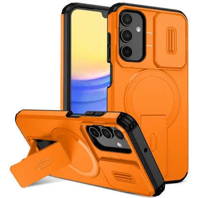 For Samsung Galaxy A15 5G Magnetic Case Kickstand Camera Slider PC + TPU Phone Cover - Orange