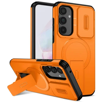For Samsung Galaxy A35 5G Magnetic Case Kickstand Camera Slider PC + TPU Phone Cover - Orange
