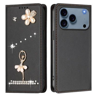 Funda de cuero para iPhone 17 Pro Max con cartera, protección RFID, tapa abatible con diamantes de imitación y diseño de bailarina de ballet - Negro