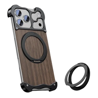 Kauf in Großmengen für iPhone 17 Pro Max magnetische Hülle mit drehbarem Ständer aus Metall + Massivholz-Telefonhülle, kompatibel mit MagSafe – Schwarz