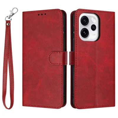 Wallet Case For Oppo Reno15 Pro 5G (Global)  /  Reno15 5G (China) Flip Stand Calf Texture PU Leather Phone Cover with Strap - Red