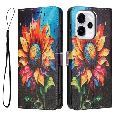 Für Oppo Reno15 Pro 5G (China) / Oppo Reno15 Pro Max 5G (Global) Brieftaschenhülle mit Musterdruck aus PU-Leder mit Lanyard - Sonnenblume