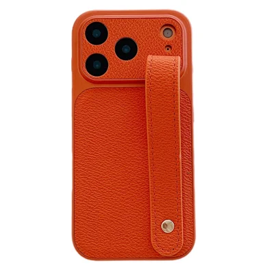 For iPhone 17 Pro Max Case with Wristband Precise Cutouts Textured TPU PU Leather PC Phone Cover - Orange