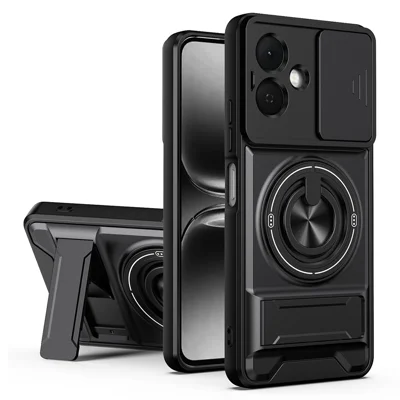 For TECNO Pop 10 Magnetic Case Ring Holder Foldable Kickstand TPU PC Phone Cover with Camera Lens Slider - Black
