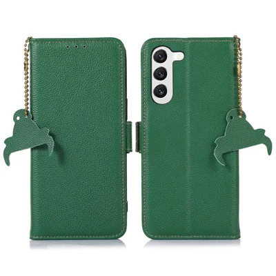Genuine Leather Case for Samsung Galaxy S23, Full Protection Side Magnetic Closure Phone Case RFID Blocking Wallet Phone Cover with Stand - Green