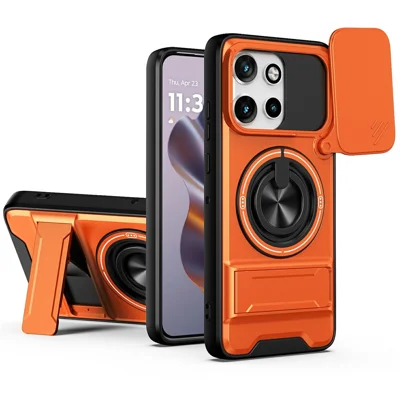 For Motorola Edge 60 Neo 5G / Edge 50 Neo 5G / Moto S50 5G / ThinkPhone 25 5G Magnetic Case Ring Holder Foldable Kickstand TPU PC Phone Cover with Camera Lens Slider - Orange
