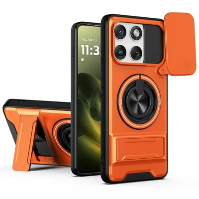 For Motorola Edge 70 5G Magnetic Case Ring Holder Foldable Kickstand TPU PC Phone Cover with Camera Lens Slider - Orange