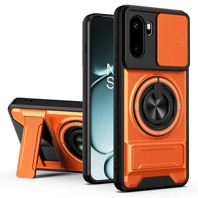 For OnePlus 15R 5G Magnetic Case Ring Holder Foldable Kickstand TPU PC Phone Cover with Camera Lens Slider - Orange