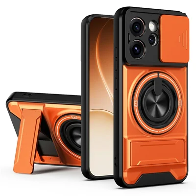 Magnetic Case For Oppo Reno15 Pro 5G (Global)  /  Reno15 5G (China) Ring Holder Foldable Kickstand TPU PC Phone Cover with Camera Lens Slider - Orange