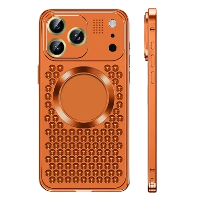 Compra al por mayor para funda iPhone 17 Pro Max compatible con MagSafe, carcasa metálica con resorte de hebilla, diseño perforado y tableta de aromaterapia - Naranja