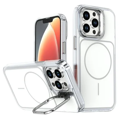 Coque magnétique pour iPhone 14 Pro Max, compatible MagSafe, avec trépied caché pour objectif, couleur assortie, transparente, en TPU et PC - Blanc