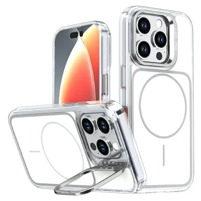 For iPhone 15 Pro Max Magnetic Case Matching Color Lens Kickstand TPU PC Phone Cover Compatible with MagSafe - White