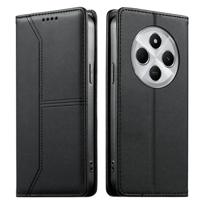 Wallet Stand Case For Xiaomi Poco C75 4G  /  Redmi 14R 5G  /  17C 4G / 14C 4G Line Splicing TPU PU Leather Phone Cover - Black