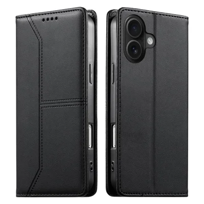 For iPhone 16 Wallet Stand Case Line Splicing TPU PU Leather Phone Cover - Black