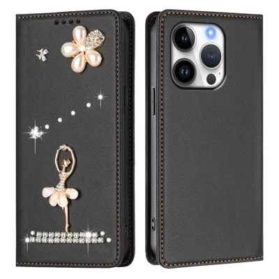 For iPhone 16 Pro Max / iPhone 16 Pro Leather Case RFID Blocking Wallet Stand Rhinestones Ballet Dancer Flip Phone Cover - Black