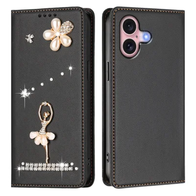 For iPhone 16 Leather Case RFID Blocking Wallet Stand Rhinestones Ballet Dancer Flip Phone Cover - Black