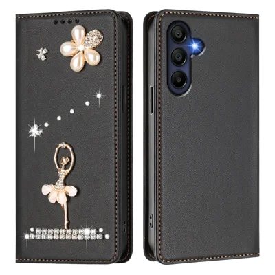 For Samsung Galaxy A16 4G / Galaxy A16 5G Leather Case RFID Blocking Wallet Stand Rhinestones Ballet Dancer Flip Phone Cover - Black