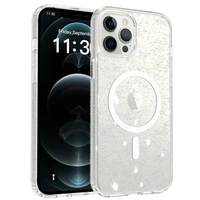 For iPhone 12 Pro Max Magnetic Case Glitter Design TPU PC PET Drop Proof Phone Cover - Transparent