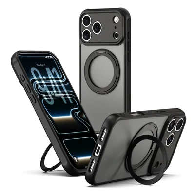 For iPhone 17 Pro Bulk Purchasing  Magnetic Case Rotating Kickstand Anti Drop PC + TPU Phone Cover - Black