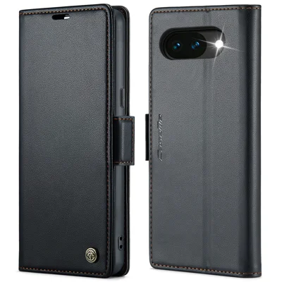 CASEME For Google Pixel 10a Case  023 Series RFID Blocking Wallet Stand Glossy Litchi Texture Leather Phone Cover - Black