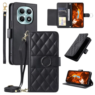 Crossbody Leather Case for Xiaomi Redmi Note 15 5G (Global) / 15 4G (Global) / Poco M8 5G Ring Buckle Wallet Stand Rhombus Mobile Cover - Black