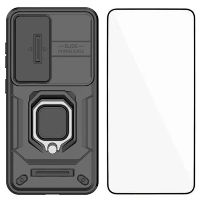 WANLONFENG For Samsung Galaxy S25 Case  ZDX Series PC TPU Kickstand Phone Back Case with Lens Cover + Tempered Glass - Black