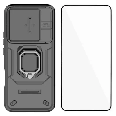 WANLONFENG For Honor 400 Lite 5G Case ZDX Series PC TPU Kickstand Phone Back Case with Lens Cover + Tempered Glass - Black