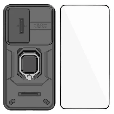WANLONFENG For Samsung Galaxy A56 5G Case  ZDX Series PC TPU Kickstand Phone Back Case with Lens Cover + Tempered Glass - Black