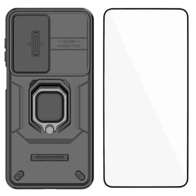 WANLONFENG For Samsung Galaxy A17 4G / Galaxy A17 5G Case ZDX Series PC TPU Kickstand Phone Back Case with Lens Cover + Tempered Glass - Black