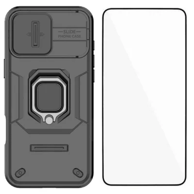 WANLONFENG For iPhone 16 Pro Max Case  ZDX Series PC TPU Kickstand Phone Back Case with Lens Cover + Tempered Glass - Black