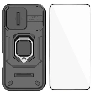 WANLONFENG For iPhone 17 Case  ZDX Series PC TPU Kickstand Phone Back Case with Lens Cover + Tempered Glass - Black