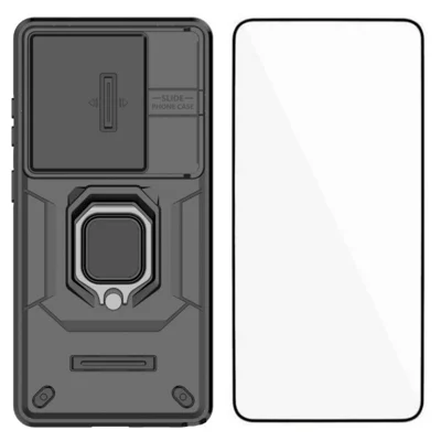 WANLONFENG For Samsung Galaxy S26 Ultra Case  ZDX Series PC TPU Kickstand Phone Back Case with Lens Cover + Tempered Glass - Black