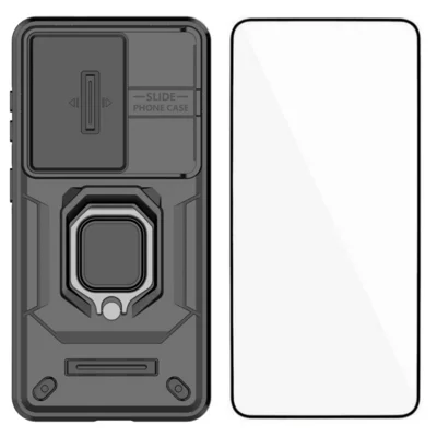 WANLONFENG For Samsung Galaxy S26 Case  ZDX Series PC TPU Kickstand Phone Back Case with Lens Cover + Tempered Glass - Black