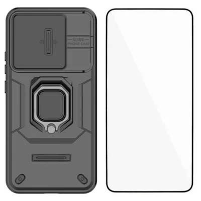 WANLONFENG For Xiaomi 15T Case  ZDX Series PC TPU Kickstand Phone Back Case with Lens Cover + Tempered Glass - Black